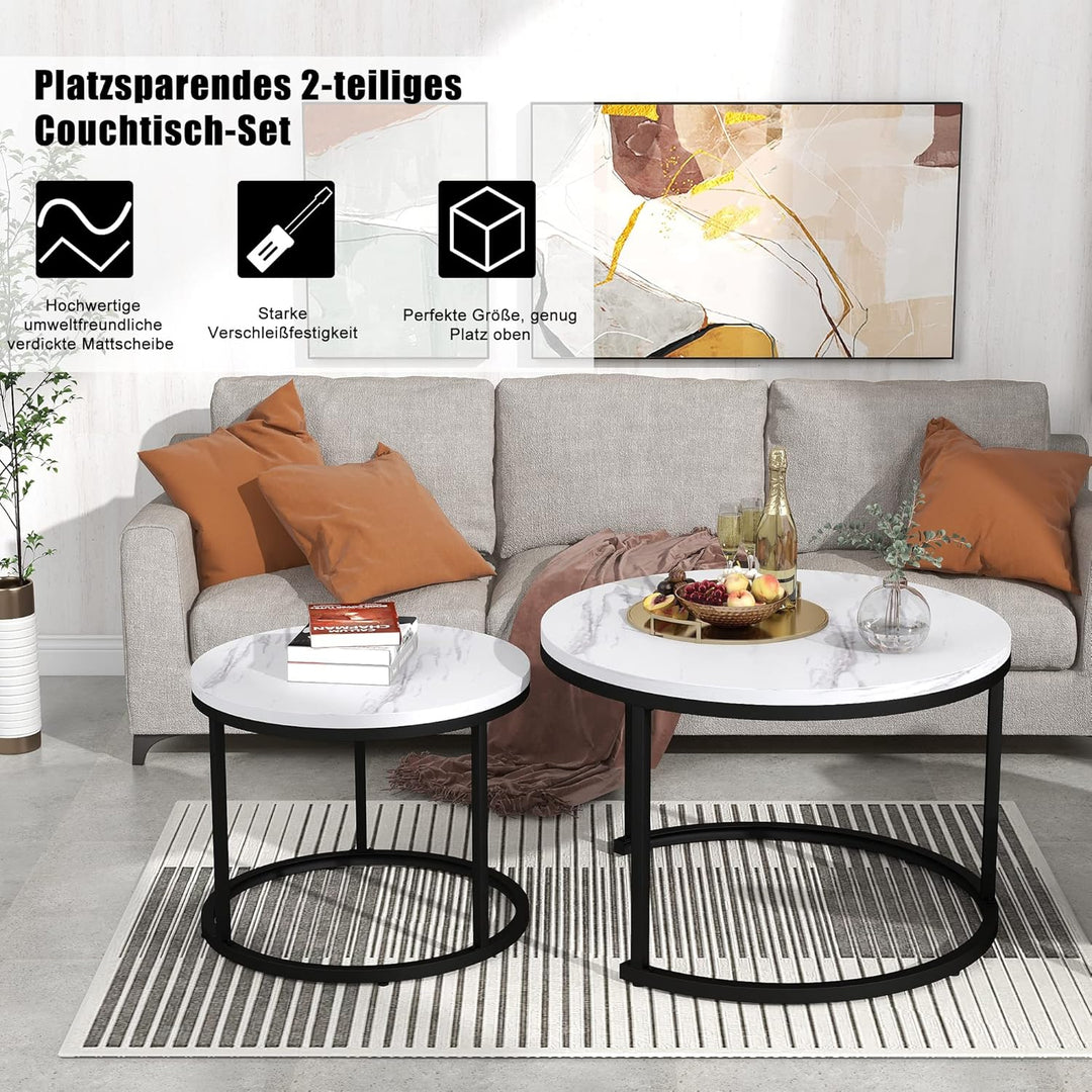 Merax Rund Couchtisch Set, 2-in-1 Nesting Couchtisch Satztisch, mit Marmormuster, Metallgestell, für