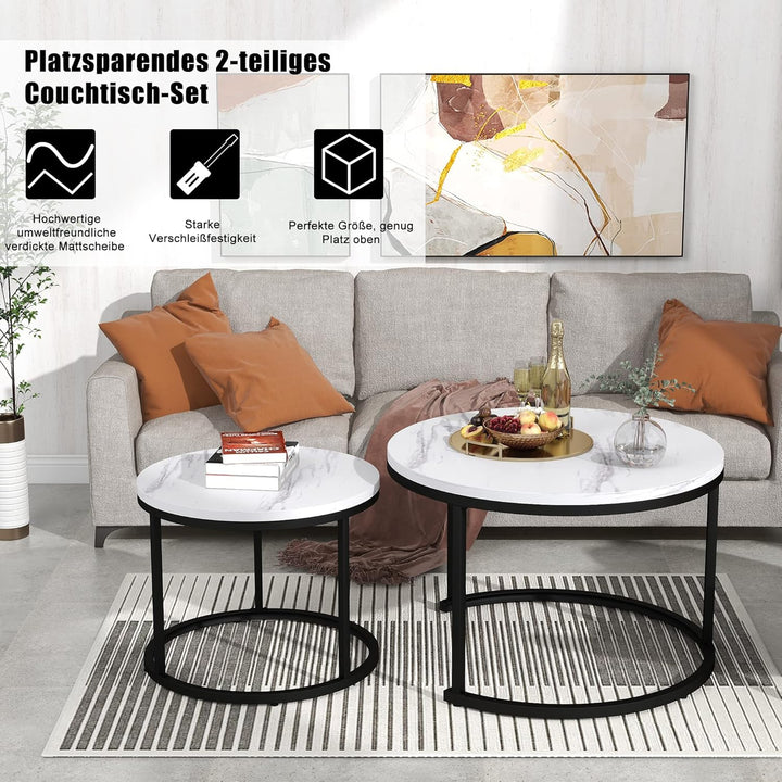 Merax Rund Couchtisch Set, 2-in-1 Nesting Couchtisch Satztisch, mit Marmormuster, Metallgestell, für