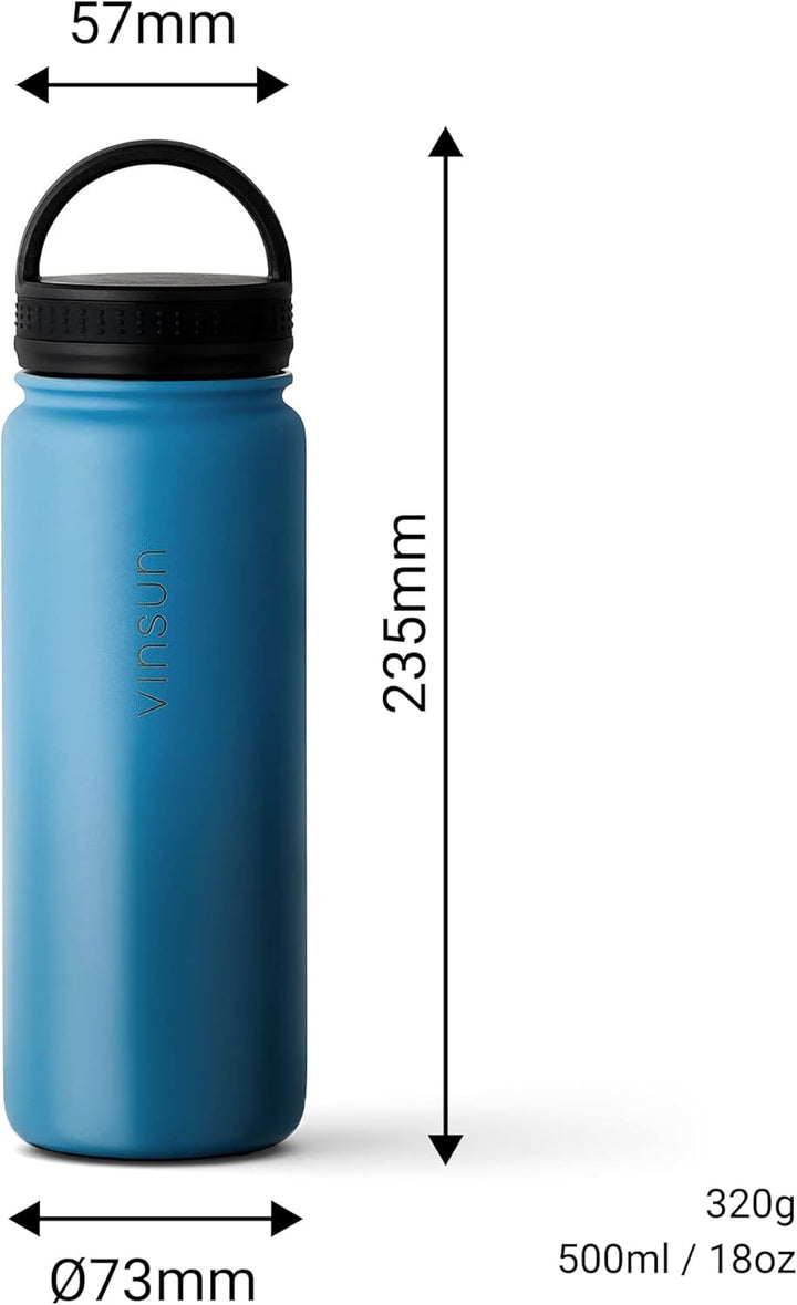Vinsun Trinkflasche Edelstahl 500ml blau - auslaufsicher, Kohlensäure geeignet, BPA frei - 3 Deckel