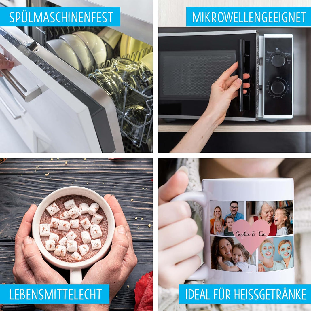 OWLBOOK® Personalisierte Tasse mit 8 Fotos & Spruch selbst gestalten | Fototasse mit eigenem Bild &
