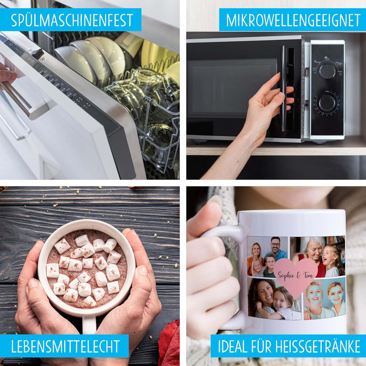 OWLBOOK® Personalisierte Tasse mit 8 Fotos & Spruch selbst gestalten | Fototasse mit eigenem Bild &