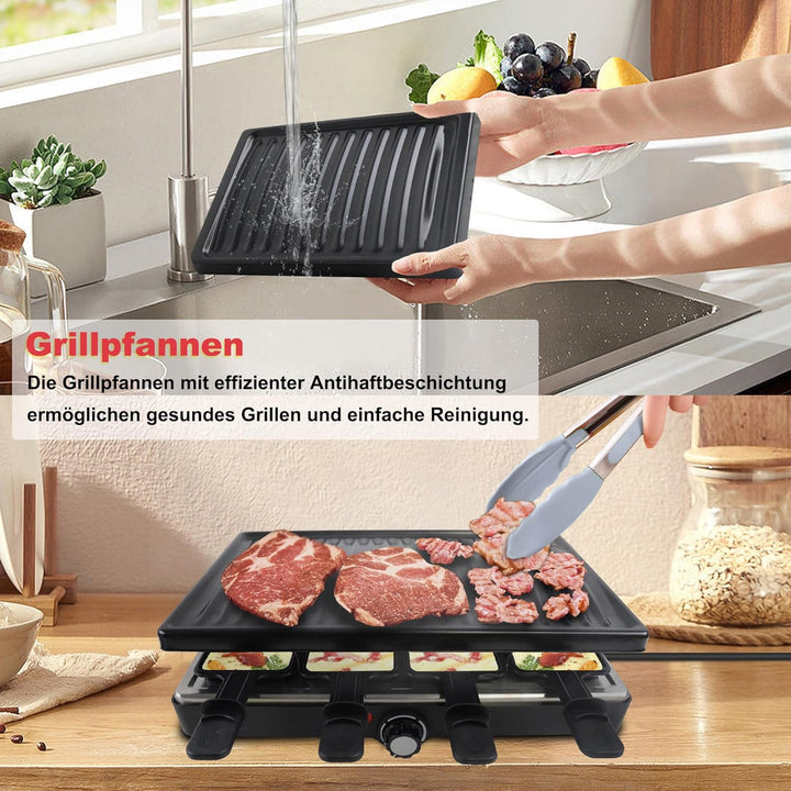 Raclette Grill für 8 Personen, Elektrischer Tischgrill 1400W, Antihaft-Racletteplatte, inkl. 8 Pfänn