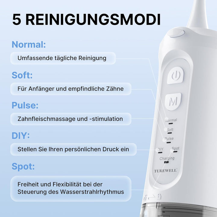 TUREWELL Munddusche Kabellos, Elektrische Zahnreiniger mit 5 Modi, 4 Düsen, 310ML Wassertank & IPX7