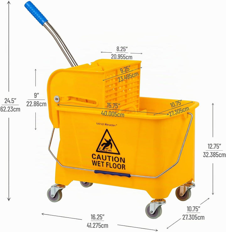 Mind Reader Mobile Heavy Duty Mop Bucket with Upward Press Wringer, 22-Quart Capacity, 16.25"L x 10.