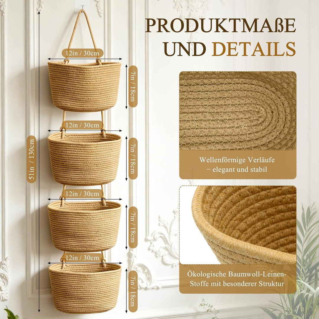 Tür Organizer hängend 4-stöckig, Khaki | Hängekorb aus Baumwollseil, Mit 4 Haken ohne Bohren, 2 vers