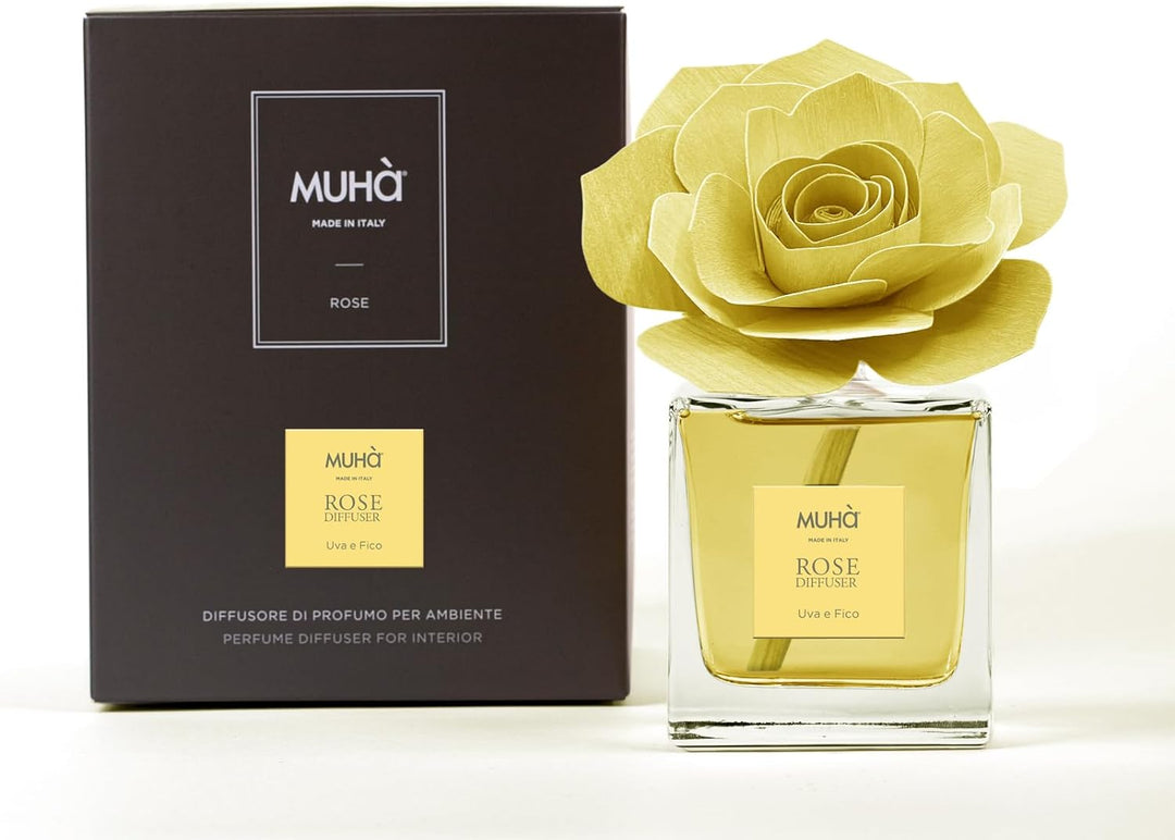 MUHA' | Raumduft Rosa Diffuser, Duft Trauben und Feige, Raumdiffusor mit Rose aus Birkenholz, Format