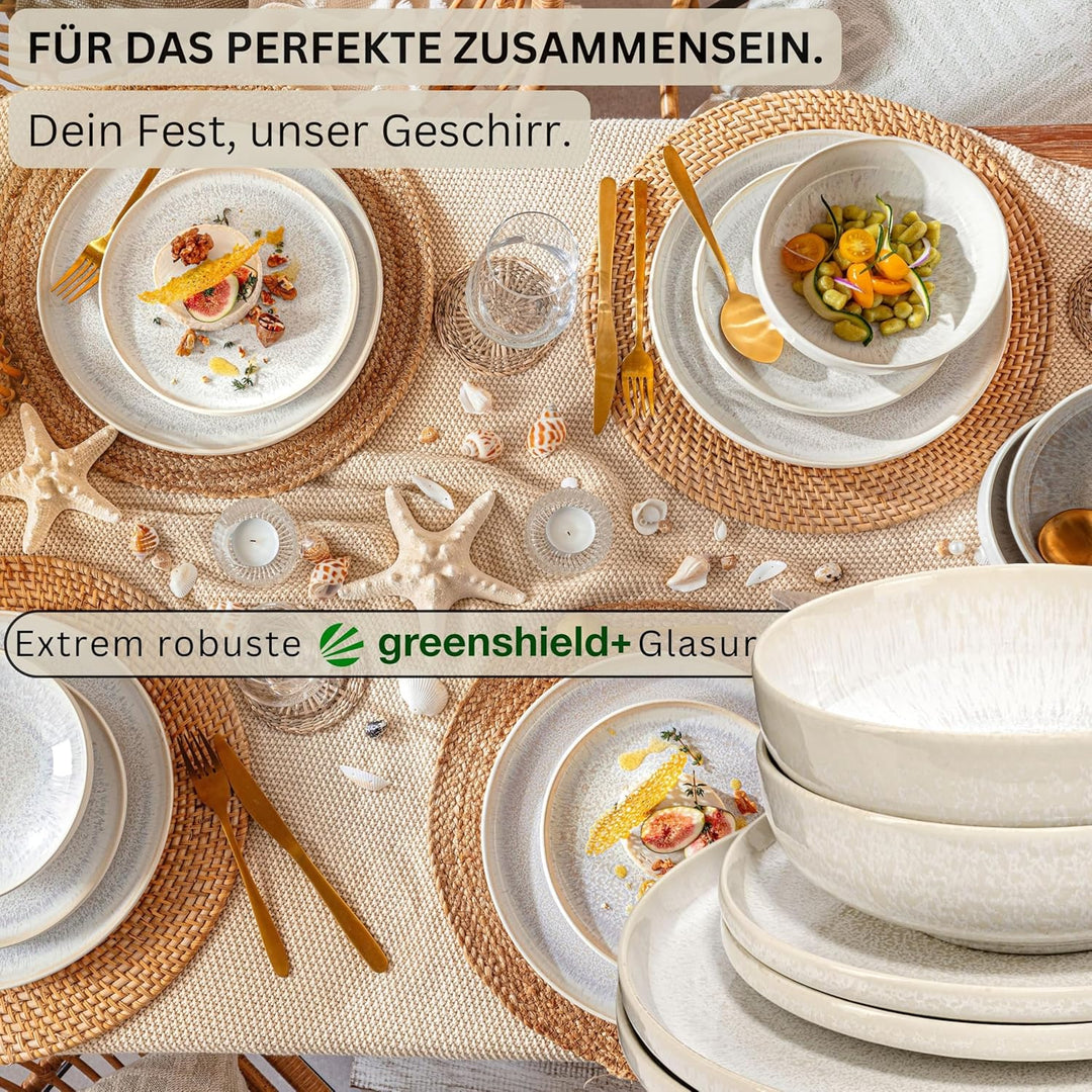 SÄNGER | Geschirrset Korfu 12 tlg, Tafelservice 4 Personen, Steingut Geschirr Handmade, Teller Set i