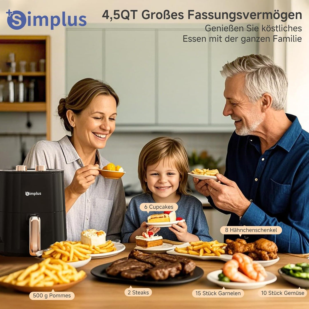 SIMPLUS Heissluftfritteuse 4L, 1300W Airfryer ohne Öl, 360° Heissluftzirkulation, 6 Temperaturstufen