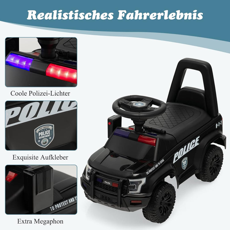 COSTWAY Polizei Kinder Rutschauto mit Stauraum unter dem Sitz, Aufsitz Kinderauto mit Megaphon, Warn