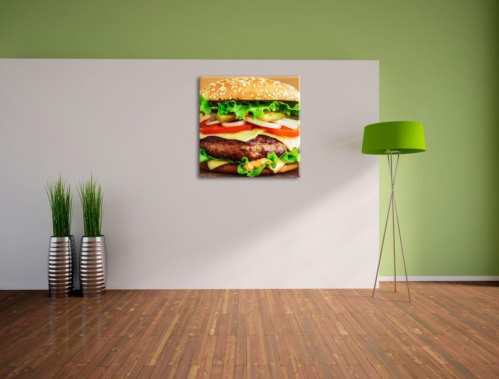 Pixxprint Köstlicher Burger auf Holztisch, Format: 70x70 auf Leinwand, 70x70