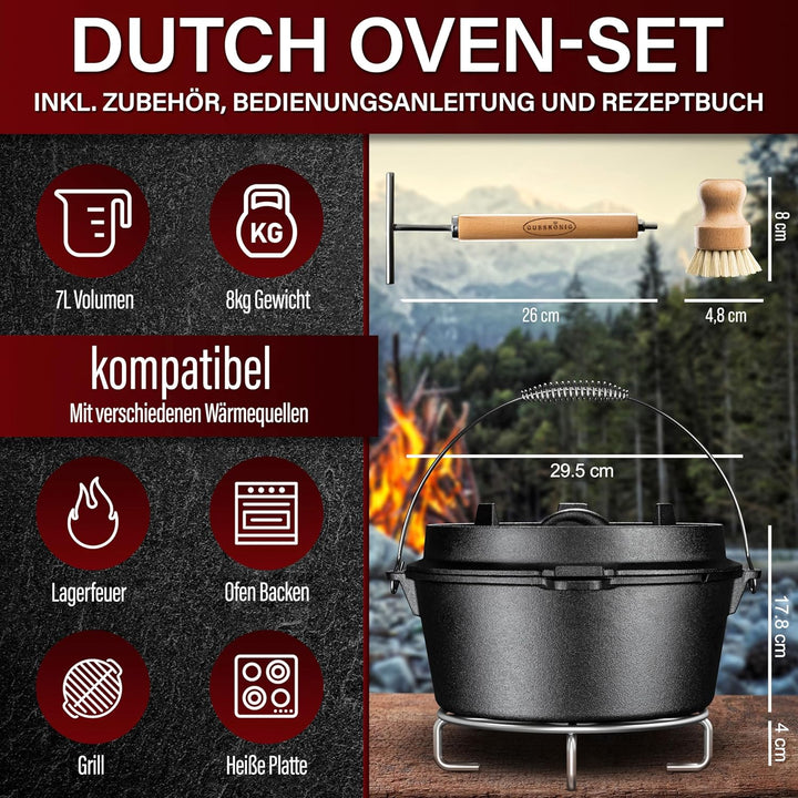 GUSSKÖNIG Dutch Oven Set - Eingebrannter Dutch Oven 7 Liter - Feuertopf Gusseisen ohne Füssen - Schm