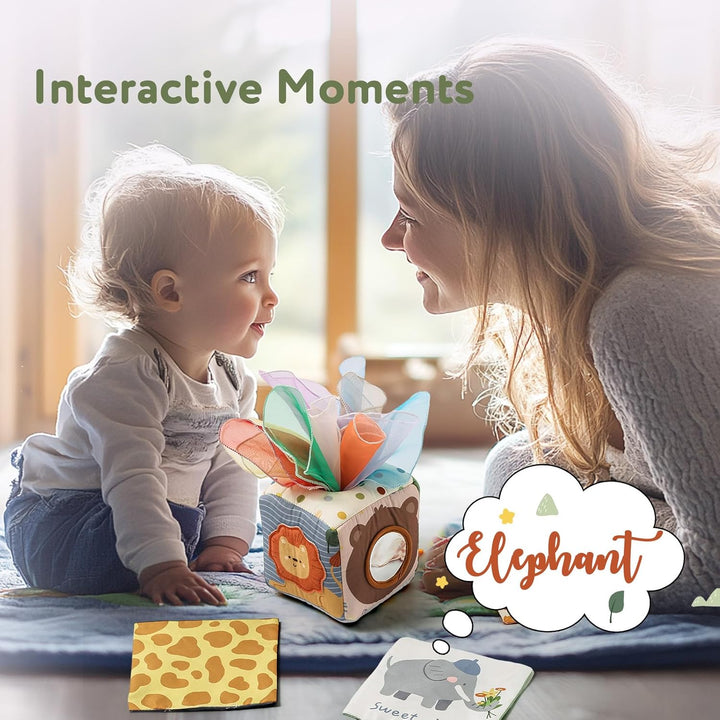 WOODEN TEETHER Tissue Box Montessori Motorikspielzeug, 6-12 Monate Sensorik Baby Spielzeug mit Spieg