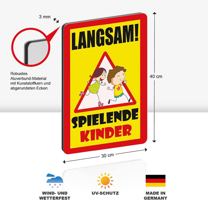 2 Stück XXL Langsam ! spielende KINDER Schild 30 x 40 cm Alu 3mm Alu-Dibond stabile Aluminiumverbund