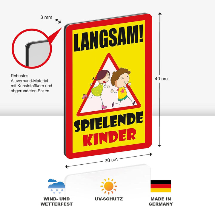 5 Stück XXL Langsam ! spielende KINDER Schild 30 x 40 cm Alu 3mm Alu-Dibond stabile Aluminiumverbund