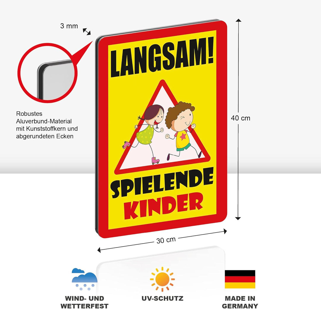 3 Stück XXL Langsam ! spielende KINDER Schild 30 x 40 cm Alu 3mm Alu-Dibond stabile Aluminiumverbund