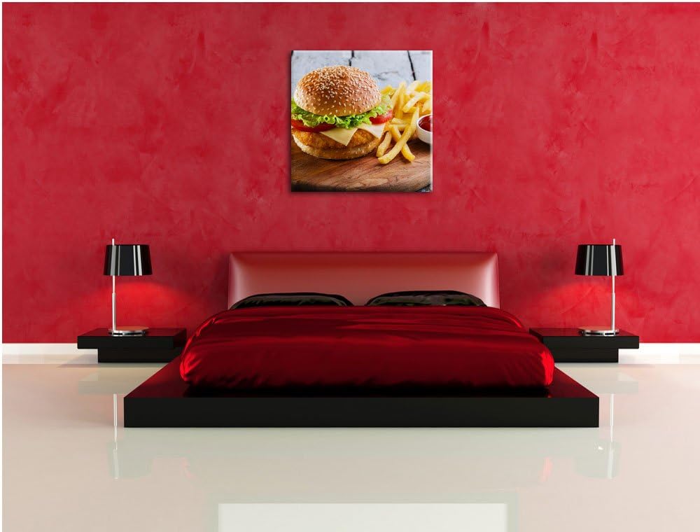 Chickenburger mit Pommes, Format: 70x70 auf Leinwand, XXL riesige Bilder fertig gerahmt mit Keilrahm