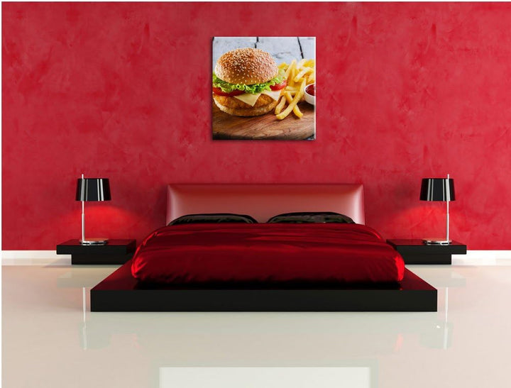 Chickenburger mit Pommes, Format: 70x70 auf Leinwand, XXL riesige Bilder fertig gerahmt mit Keilrahm