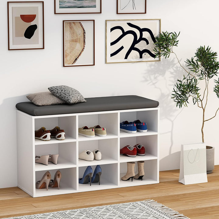 VCM Holz Sitzbank Schuhschrank Schuhregal Schuhkommode Sitzkommode 9 Fächer Hinsol XS Weiss