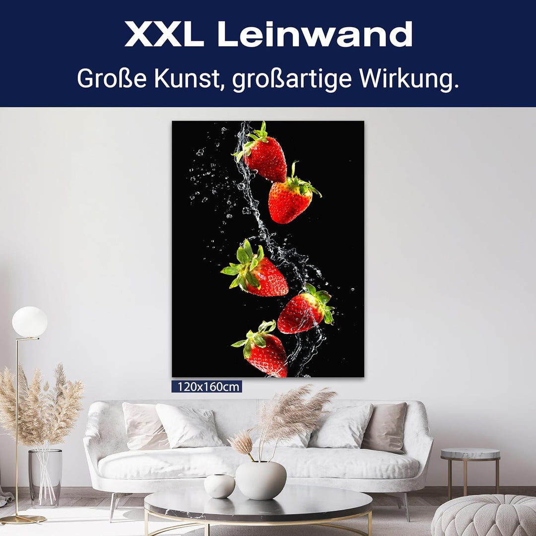 wandmotiv24 Obst & Gemüse als Leinwandbild, 80x60cm, Hochformat, Erdbeeren & Wasser, Küche, Lebensmi