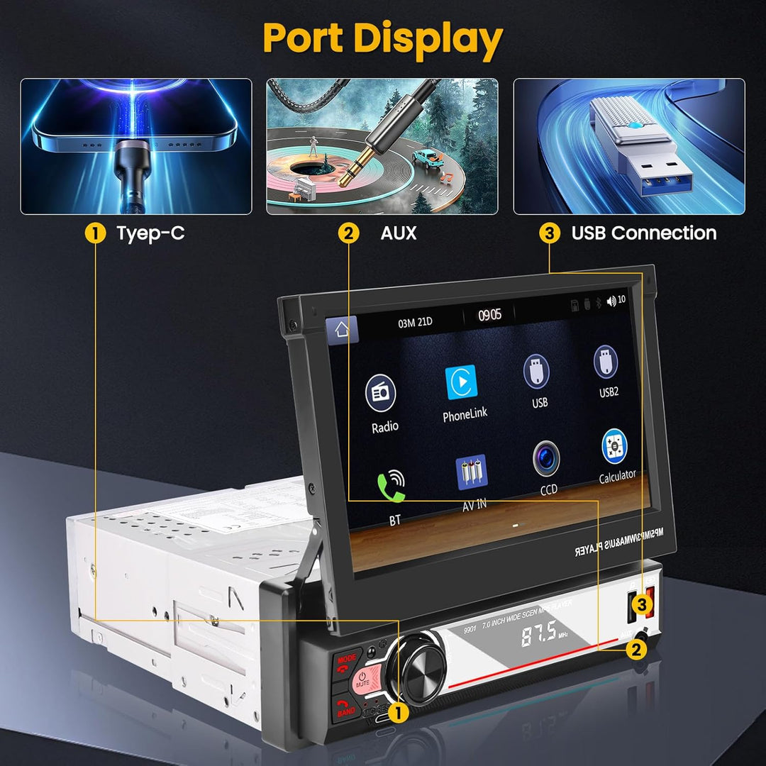 Hikity 1 Din Autoradio Wireless Carplay Andriod Auto 7 Zoll Manuelle Ausfahrbarem Bildchirm Auto Rad