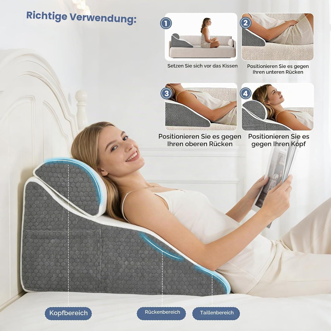 Lesekissen für Bett und Sofa, Gebogenes Keilkissen Bett mit Memory-Schaum, Ergonomisches Rückenlehne