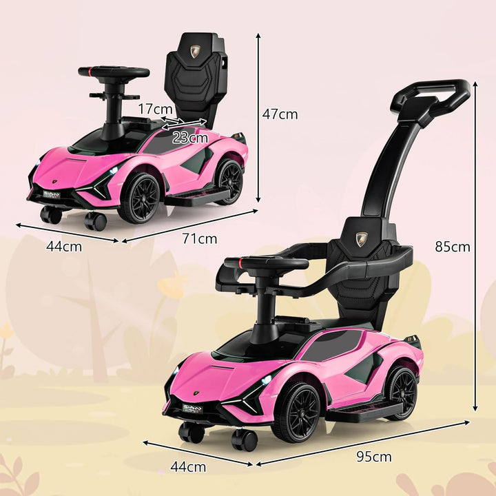 DREAMADE 3-in-1 Rutschauto Lamborghini, Rutschfahrzeug mit Schiebestange, Musik, Lichter & Sicherhei