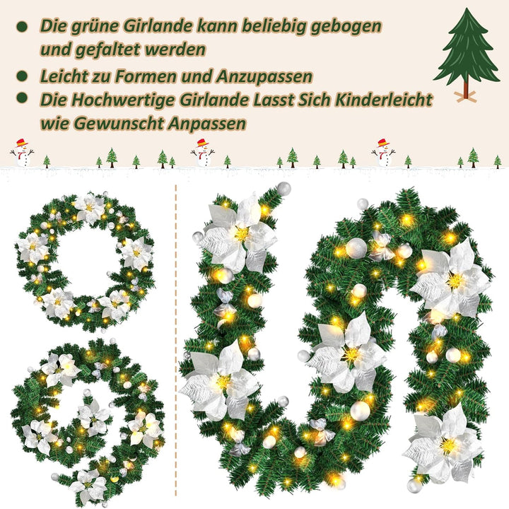 Weihnachtsgirlande mit Beleuchtung, Tannengirlande 270cm Weihnachtstürdekor Künstlich, mit Blumen un