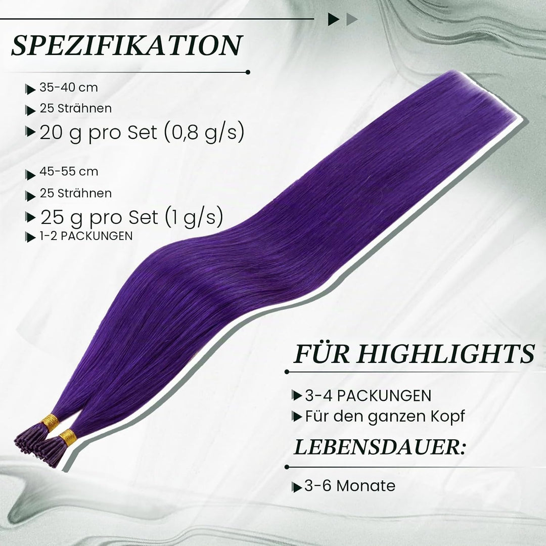 RUNATURE Lila Haarverlangerung Echthaar Bonding Lila 50cm Remy I Tip Extensions Echthaar Purple Bond