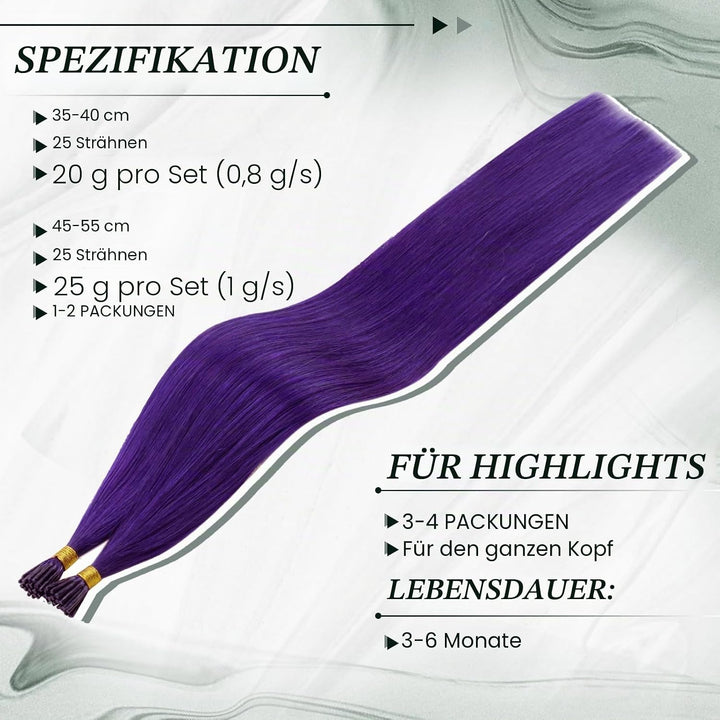 RUNATURE Lila Haarverlangerung Echthaar Bonding Lila 50cm Remy I Tip Extensions Echthaar Purple Bond