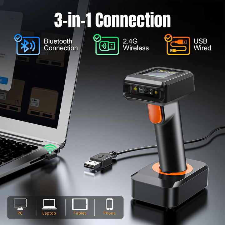 Tera 2D HW006 Barcode-Scanner, kabellos, QR-Code-Scanner mit Bluetooth, Zeitanzeige, Bildschirm, Bat