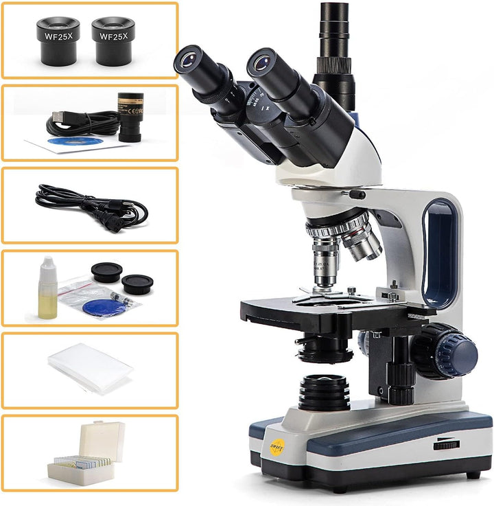 Swift SW350T Composite Trinocular Microscope, 40-2500X Magnification, Dual Layer Mechanical Stage, w