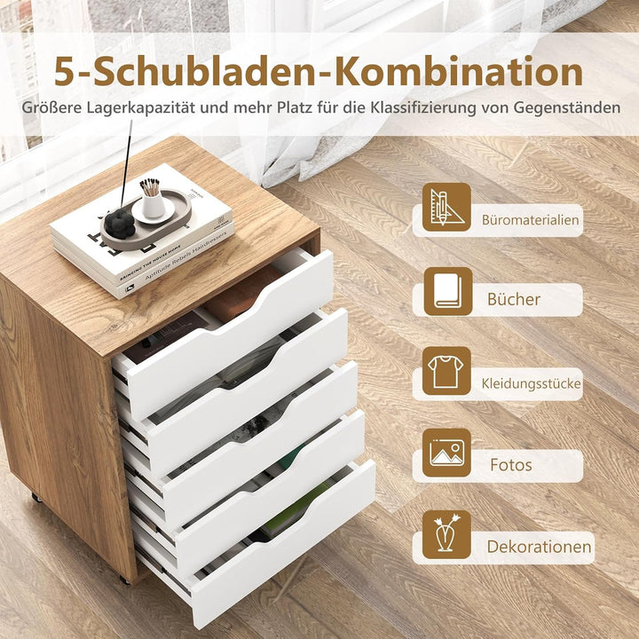 FANTASK Mobiler Aktenschrank, Mobiler Aktenschrank mit 5 Schubladen, Rädern, Schubladenkommode (Natü