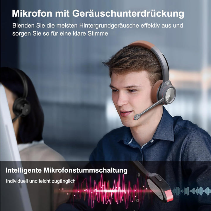 Bluetooth Headset mit Mikrofon, Wireless Headset mit Ladestation & USB Dongle für PC, 40 Stunden Spr