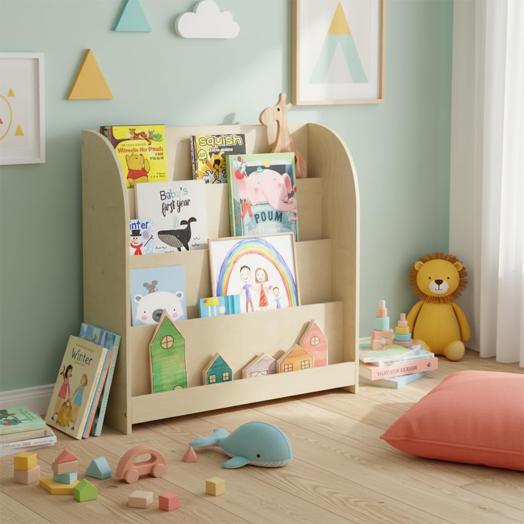 Bellabino Baru Bücherregal Kinder – Montessori Bücherregal mit 4 Breiten Fächern – Kinder Bücherrega