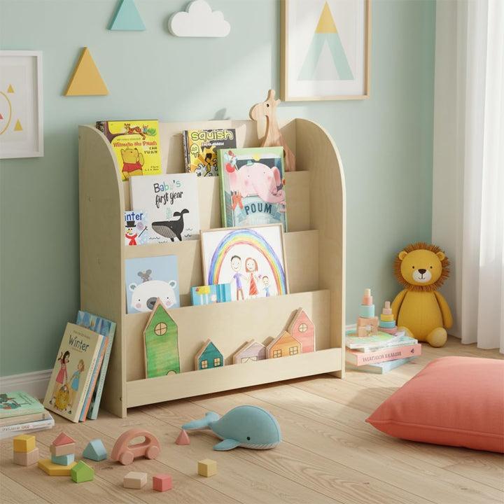 Bellabino Baru Bücherregal Kinder – Montessori Bücherregal mit 4 Breiten Fächern – Kinder Bücherrega