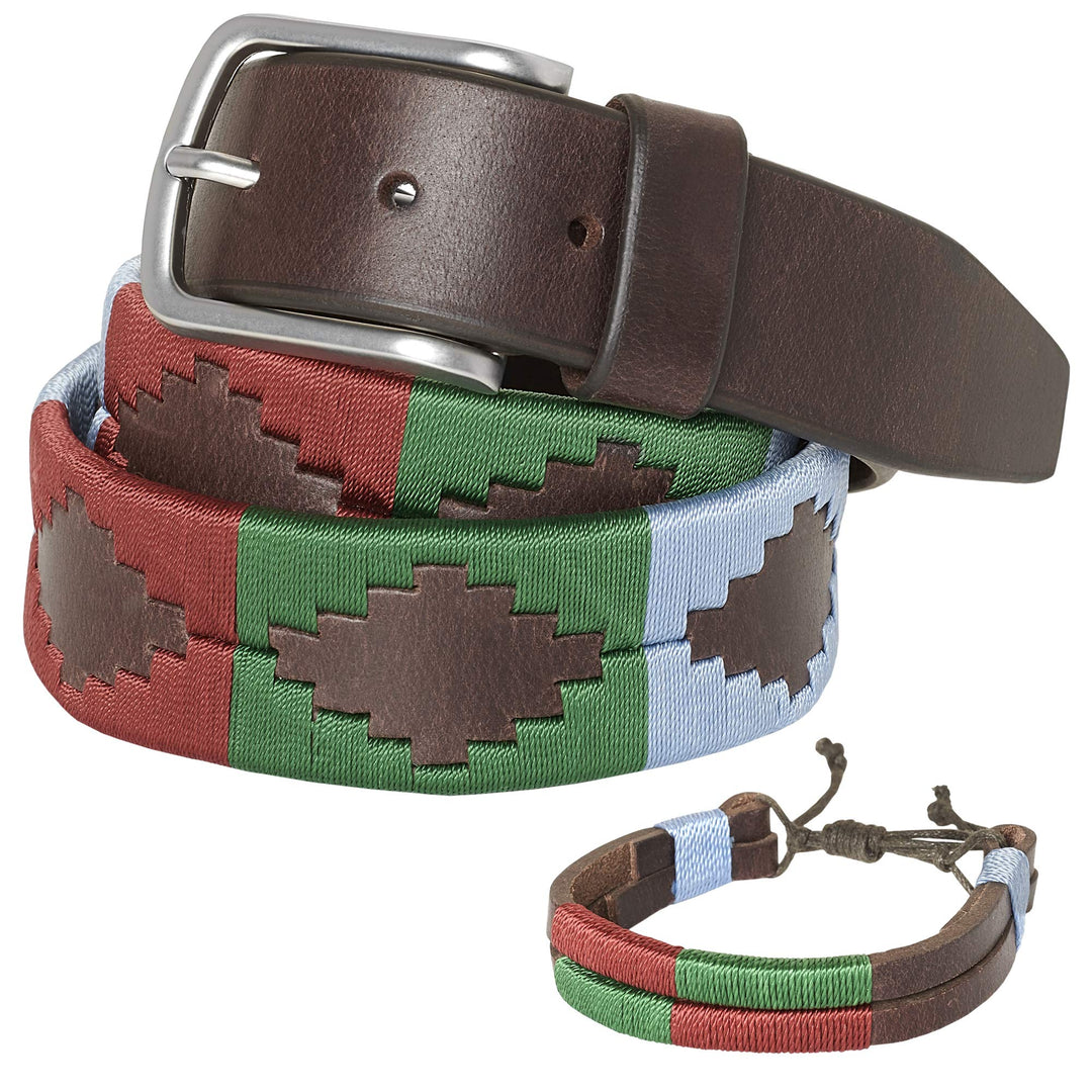 PELPE Argentinischer Ledergürtel mit passender Schnur und Lederarmband. Auf Leder gestickter Gürtel