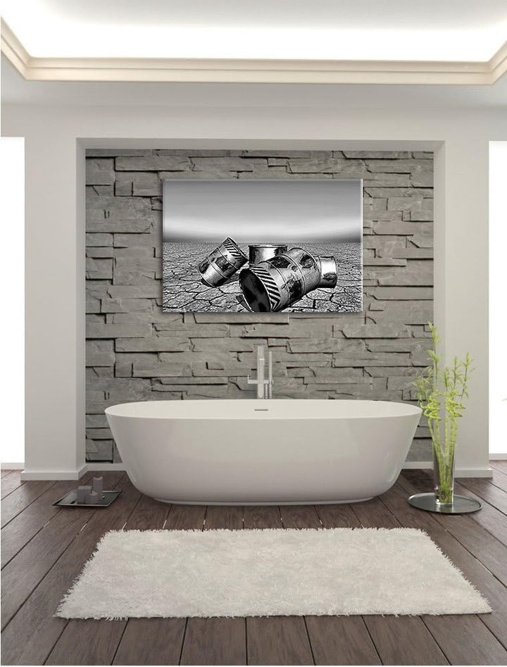 Pixxprint Monocrome, Atommüllfässer in ausgetrockneter Wüste als Leinwandbild | Grösse: 100x70 cm |