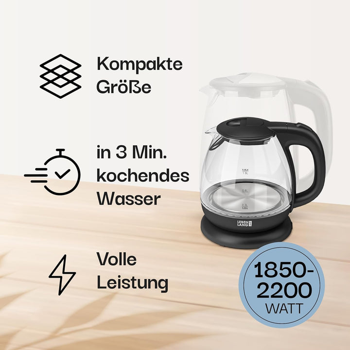 Glas Wasserkocher klein - 1L Inkl. Kalkfilter I By LEBENLANG I BPA-Frei Wasserkocher Glas 1 Liter Gl