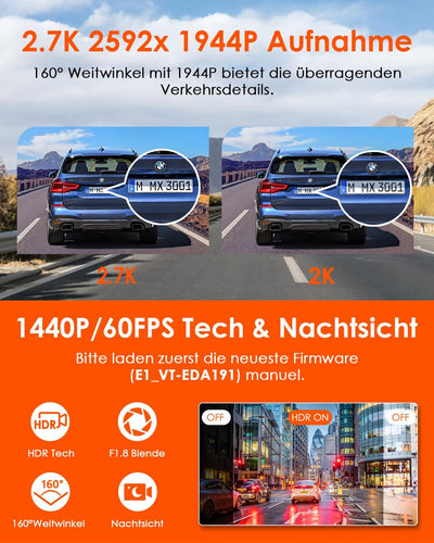 VANTRUE E1 1944P Mini Dashcam Auto WiFi GPS, Dash Cam Fernbedienung 2K/ 1440P HDR Autokamera Sprachs