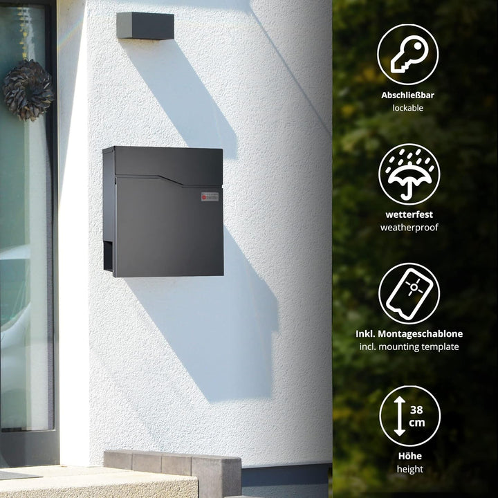 Forgard wetterfester Briefkasten mit Zeitungsfach, Briefbox, Zinkstahl Wandbriefkasten mit Schloss,