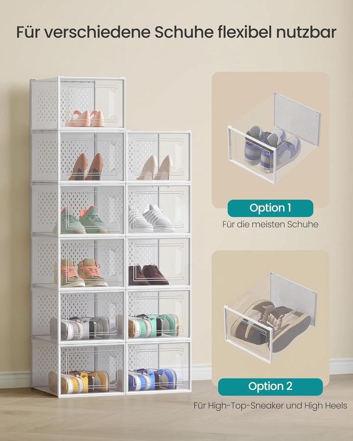 SONGMICS Schuhboxen, 18er Set, Aufbewahrungsboxen für Schuhe, Schuh-Organizer, Kunststoffboxen, falt