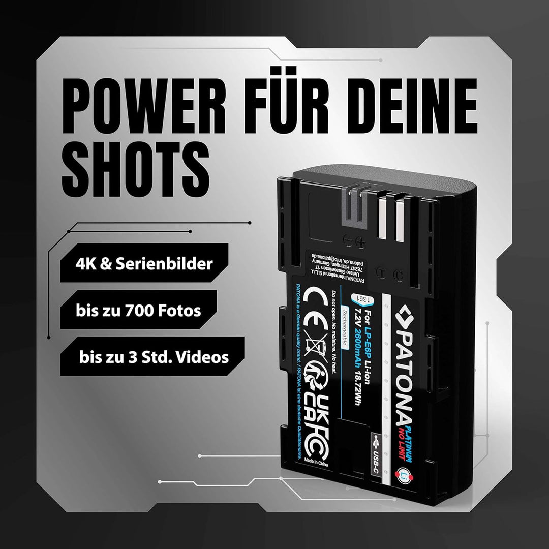 PATONA Platinum LP-E6P LP-E6NH Akku (2600mAh / 4A) mit direkt Eingang USB-C Kompatibel mit Canon EOS
