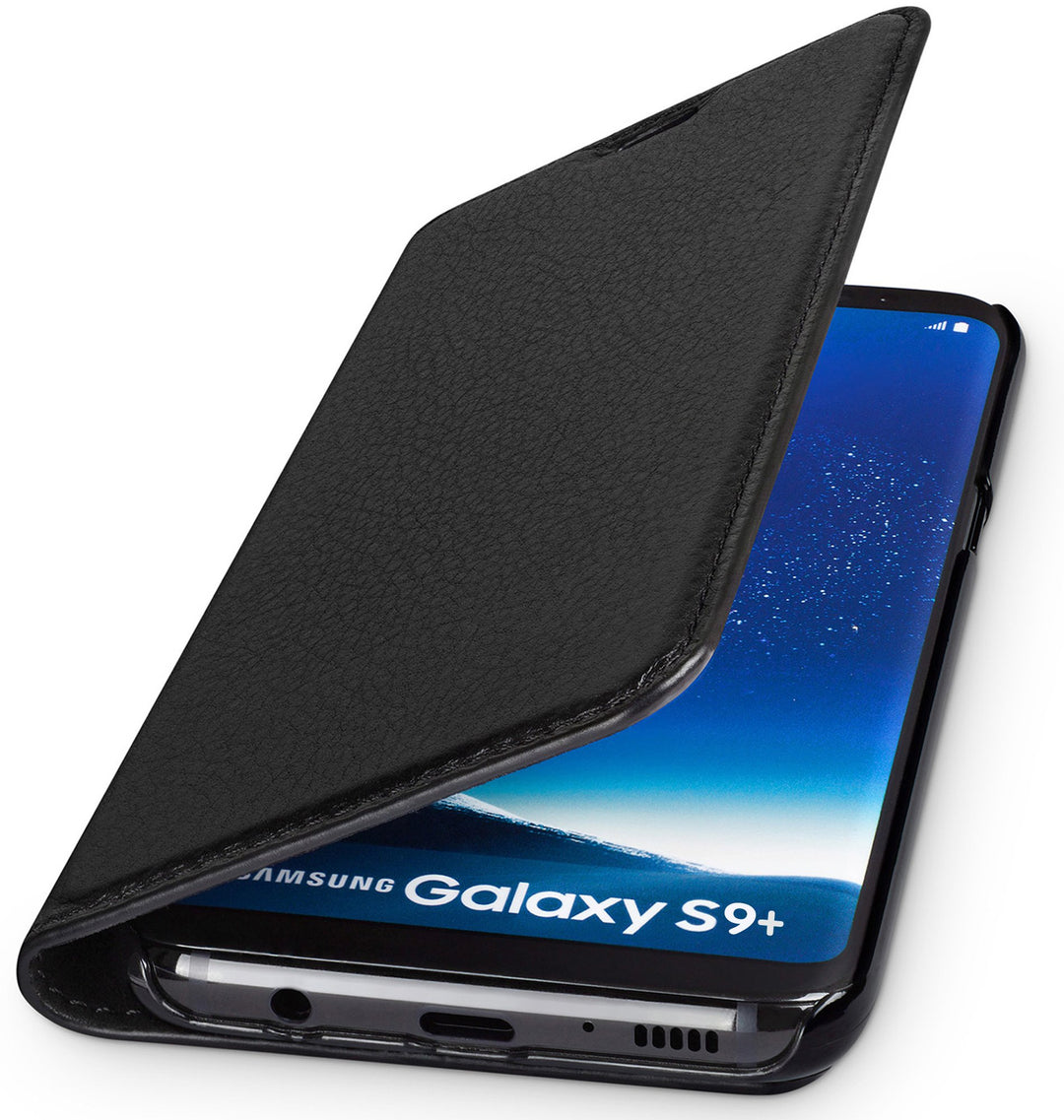 WIIUKA Echt Ledertasche -TRAVEL Nature- für Samsung Galaxy S9+ Plus, Schwarz -DEUTSCHES Leder- mit K