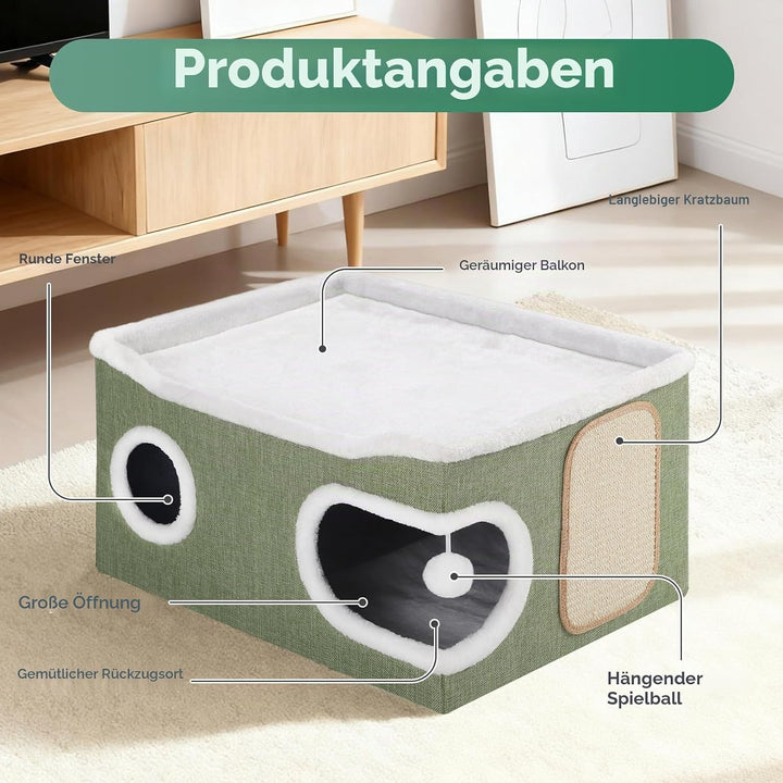 Faltbares Katzenhöhle, Katzenhaus Indoor grosse Katzen, 61T*45B*32H cm 2 Schicht Katzenwürfel, XXL K