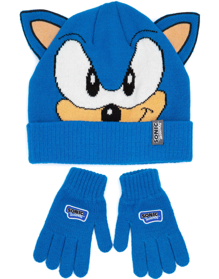 Sonic the Hedgehog Hut und Handschuhe Kinder Blaue 3D Ohren gestrickt