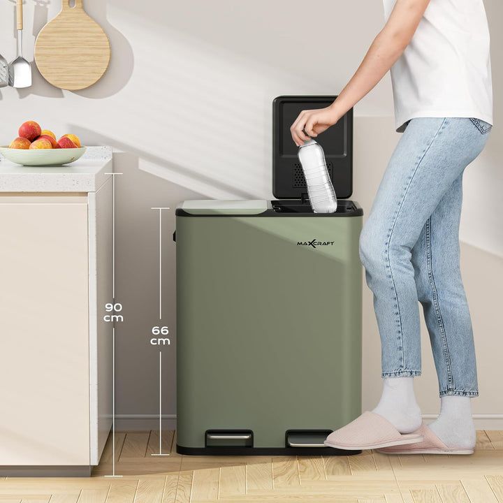 Mülleimer 60 Liter aus Stahl Treteimer Abfalleimer mit 2 Inneneimern aus Kunststoff (2x 30L) - Sanft