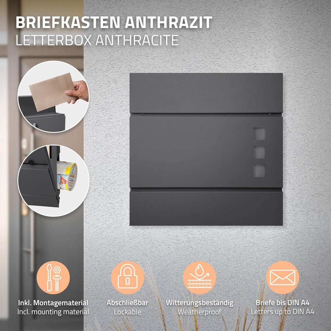 ECD Germany Briefkasten in Anthrazit mit Zeitungsfach, Schloss und 2 Schlüsseln, inkl. Montagemateri