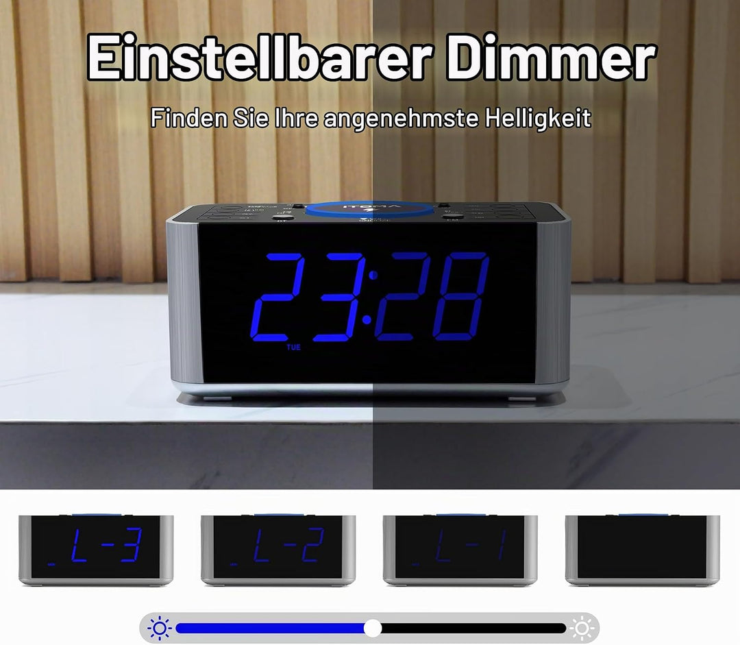 iTOMA Radiowecker Kabelloses Laden, Snooze, Digitales UKW-Radio mit Bluetooth Dual Alarm, Dimmer LED