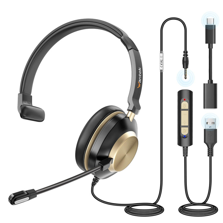 Wantek 881F Headset Mono mit Mikrofon Noise Cancelling und USB A 3,5mm Stecker Typ C auf A Adapter f