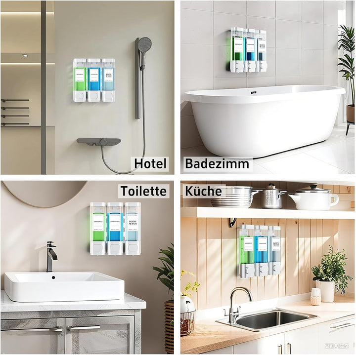 3-Kammer-Wand Shampoo Spender für Dusche Jeweils 300 ml, Duschgel Spender Wand Ohne Bohren für Badez